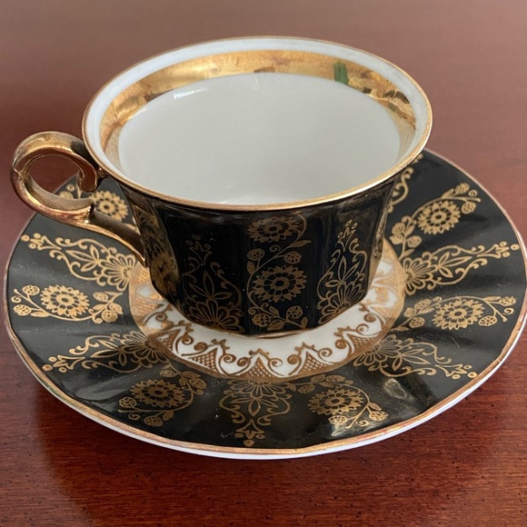 Vintage Winterling Teacup & Saucer Gold & Black on White Bavaria Germany - Picture 1 of 9